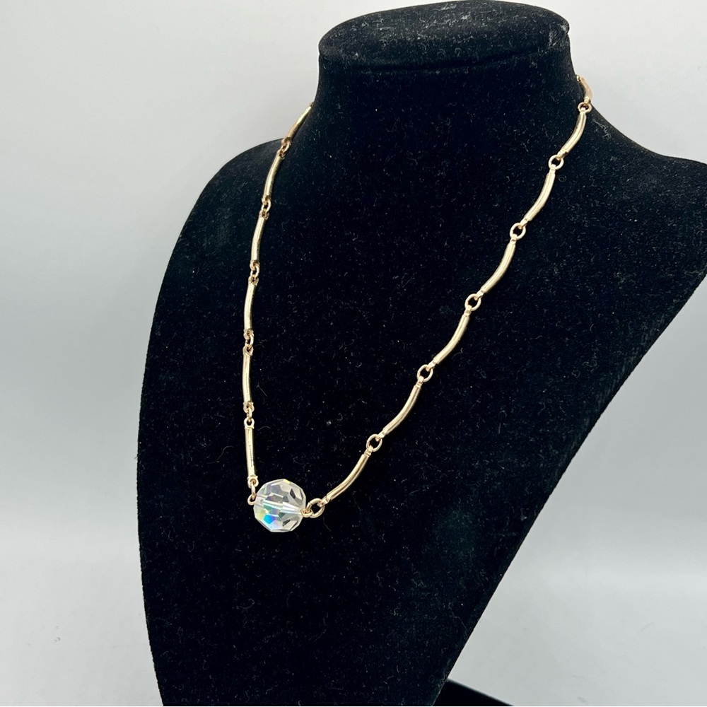 Vintage SARAH COV simple gold tone curved bar chain 16” crystal bead necklace